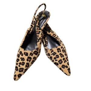 New ZARA Fur Trimmed Leather Slingback Kitten Heels Leopard Print EU 42 US 11 S2